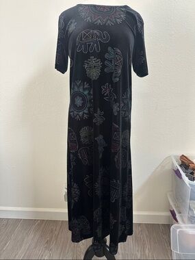 Vintage Black Velvet Embroidered Motif Maxi Dress